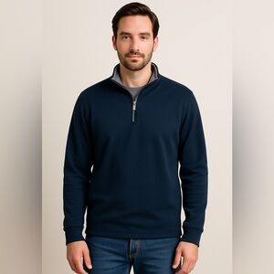 Van Heusen Mens Large 1/4 Zip Pullover Navy Gray Trim Long Sleeve Casual Top